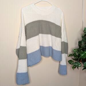 moon & madison striped crew neck oversized crop sweater in blue, green, white M